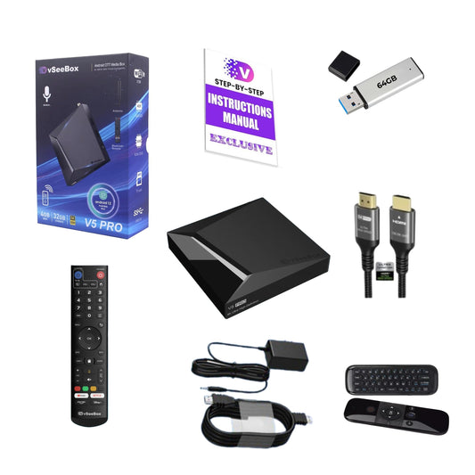 2025 V5 Pro Android Smart Box, 64GB Flash Drive + 32GB Internal Memory, 8K-Compatible Cable, Wireless Input