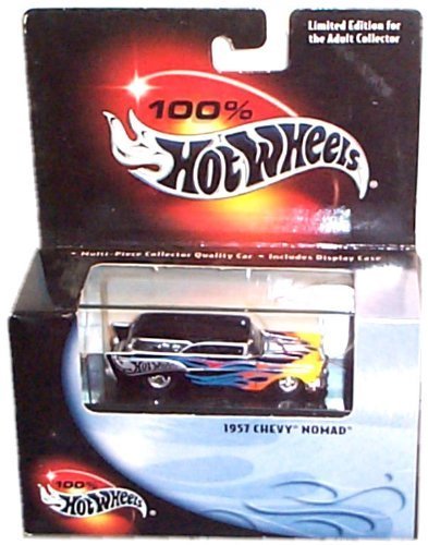 100% Hot Wheels - 1957 Chevy Nomad (Black w/Yellow/Orange/Blue Flames) - Mounted in Plastic Display Case