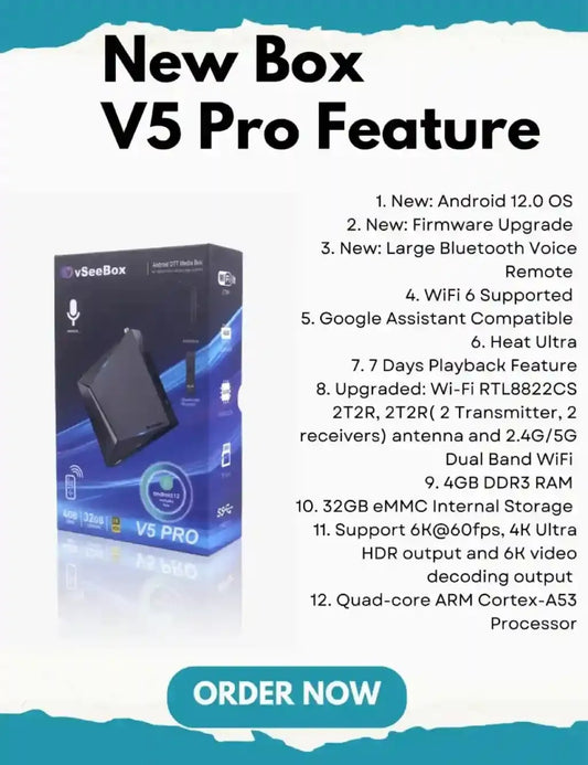 vSeeBox V5 Pro Android Smart Box 2025, 32GB Internal Memory, 8K-Compatible Cable, Wireless Input